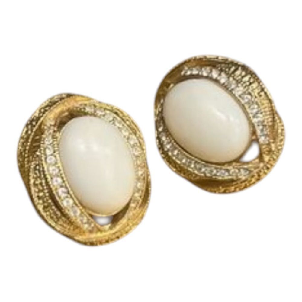 Vintage Costume Jewelry  Gold Tone Faux Diamond White Stone  Earrings